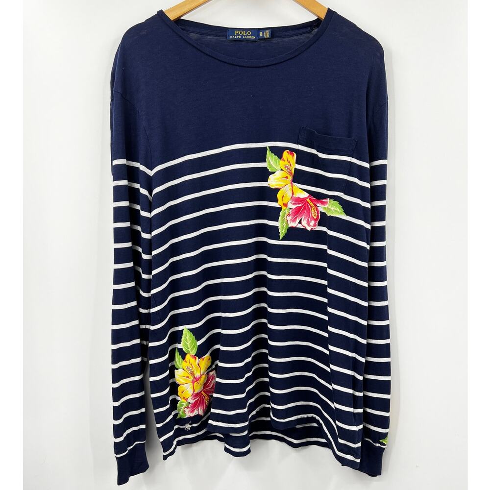 Polo Ralph Lauren Navy Blue Striped Floral Print Long Sleeve Crewneck Sweater XL